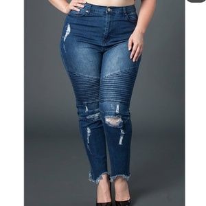 High waisted distressed moto jeans